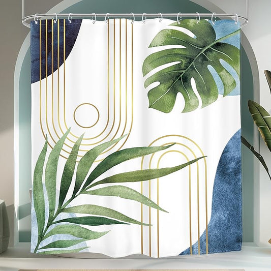 Glawry Extra Long Blue Green Shower Curtain Boho Mid Century Abstract Tropical Palm Leaf Modern Minimalist Plant Bathroom Geometric 72Wx84L Inches Bath Accessories Art Home Decor Fabric 12 Pack Hooks