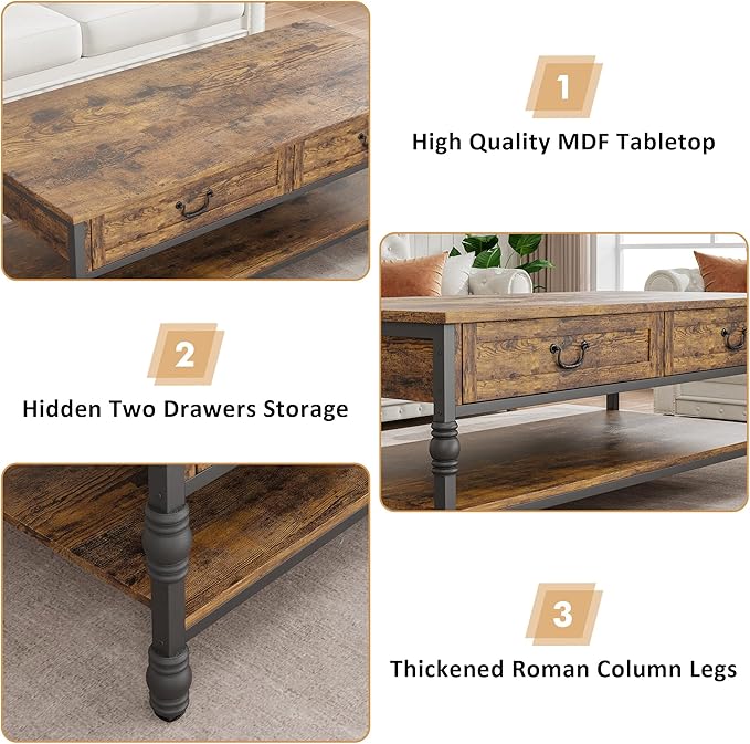 41" Rustic Coffee Table with 2 Storage Drawers, Rectangular Coffee Tables w/Storage Shelf and Metal Legs, Industrial Large Coffee Table for Living Room Office Apartment