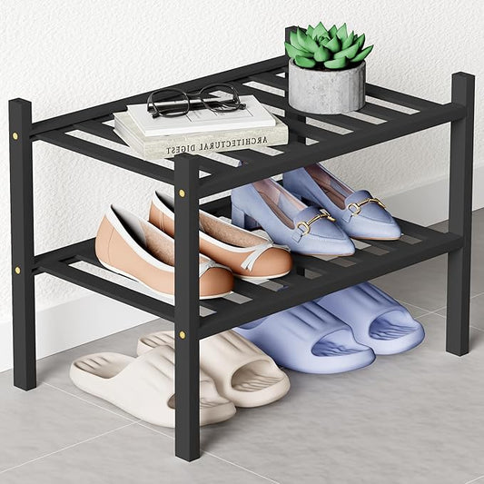 Smiry Bamboo Shoe Rack for Closet, 2 Tier Small Wooden Stackable Shoe Organizer, Free Standing Shoes Storage Shelf for Entryway, Front Door Entrance, Black
