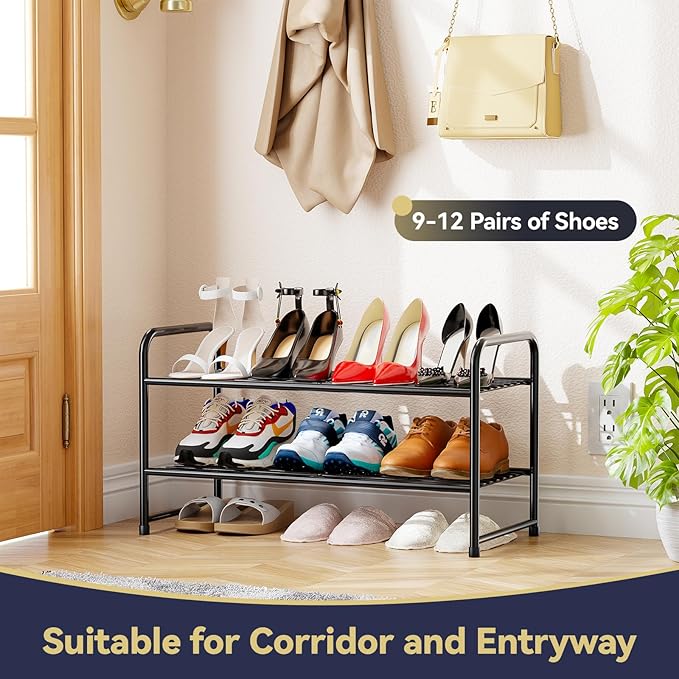 2-Tier 27” Wide Shoe Rack for Closet, Metal Stackable Shoe Shelf Organizer, Black