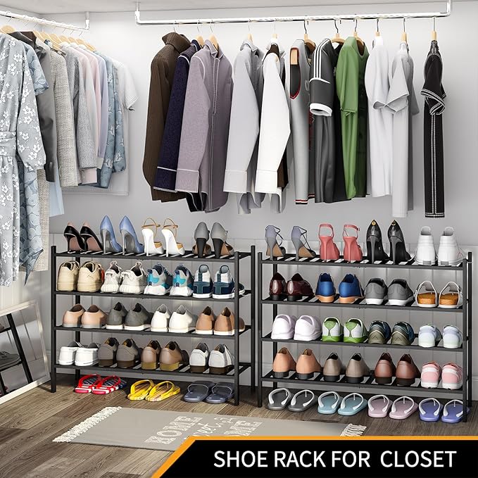 Long Shoe Rack, 4-Tier Bamboo Stackable Shoe Shelf Storage Organizer, Shoe Stand for Closet, Entryway and Hallway(Black)