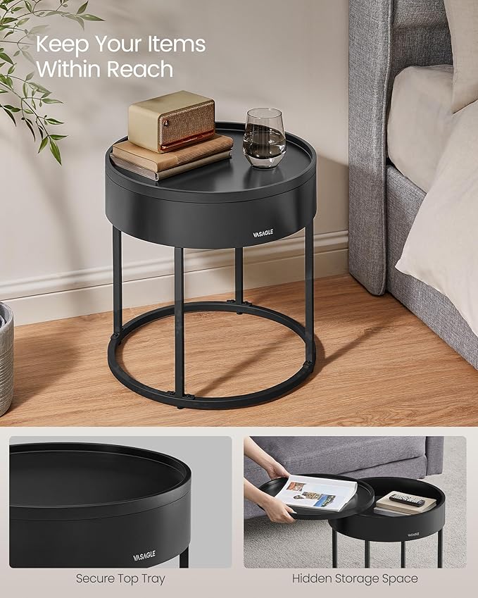VASAGLE Round Coffee Tables, Set of 2 Nesting Tables, Modern Round Side Tables with Hidden Storage and Top Tray, for Living Room, Bedroom, Office, Ebony Black and Ink Black ULCT044B56