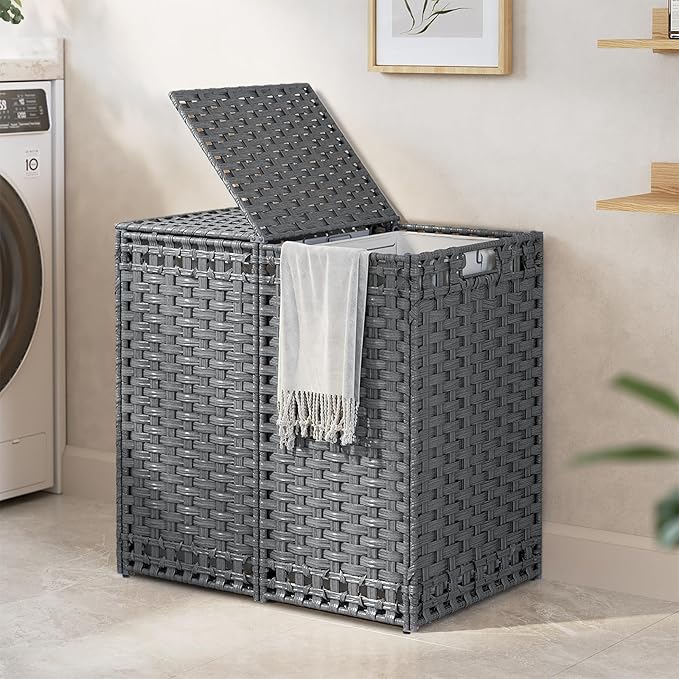 130L Foldable Laundry Hamper with Lid - Handwoven Rattan Storage Basket, 2-Section Clothes Hamper w/2 Removable Liner Bags, Easy Assembly, Portable for Bedroom Bathroom Dorm,Grey