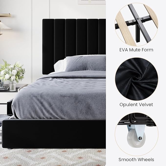 SHA CERLIN King Size Platform Bed Frame with 4 Storage Drawers, Vertical Channel Tufted Adjustable Headboard, Velvet Upholstered, Wooden Slats Support, No Box Spring Needed, Easy Assembly, Black