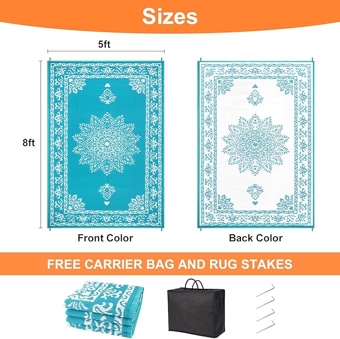 Outdoor Rug 5x8 Ft, Waterproof Plastic Straw Patio Rug, Reversible Backyard Carpet UV Resistant Portable RV Mat Clearance, Large Indoor Outdoor Rug for Patio, Porch, Deck, Balcony, Teal