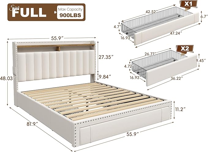 EnHomee Full Size Bed Frame, Upholstered Full Bed Frame with 3 Storage Drawers & 2-Tier Headboard Shelves, 900LBS Heavy Duty, No Box Spring Needed, Easy Assembly, Beige