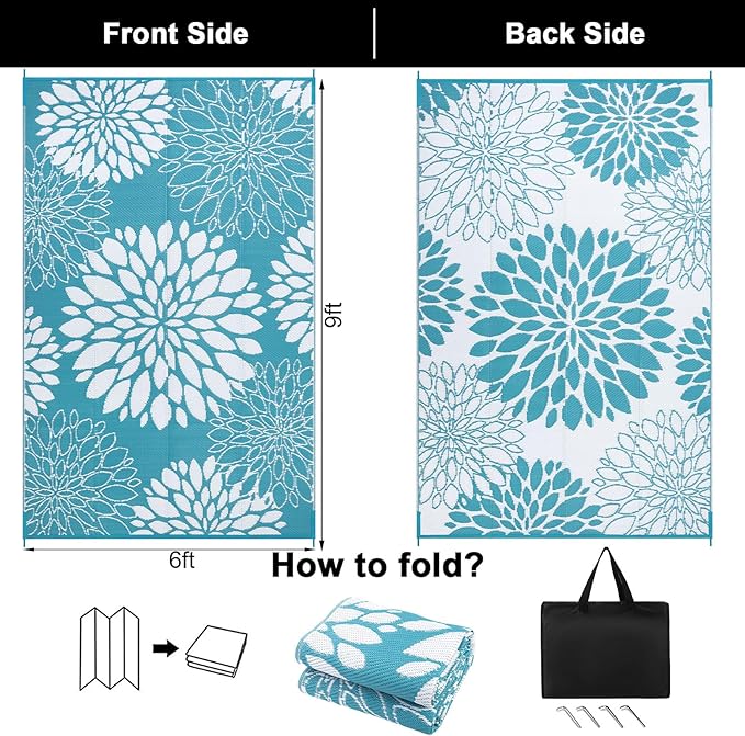 Ileading Reversible Outdoor Rug 6x9Ft Waterproof Patio Rug Carpet Portable Outdoor Plastic Straw Rug Large RV Camping Mat Rug for Patio, Clearance, Deck, Beach, Porch, Camping, Picnic, Flower Teal