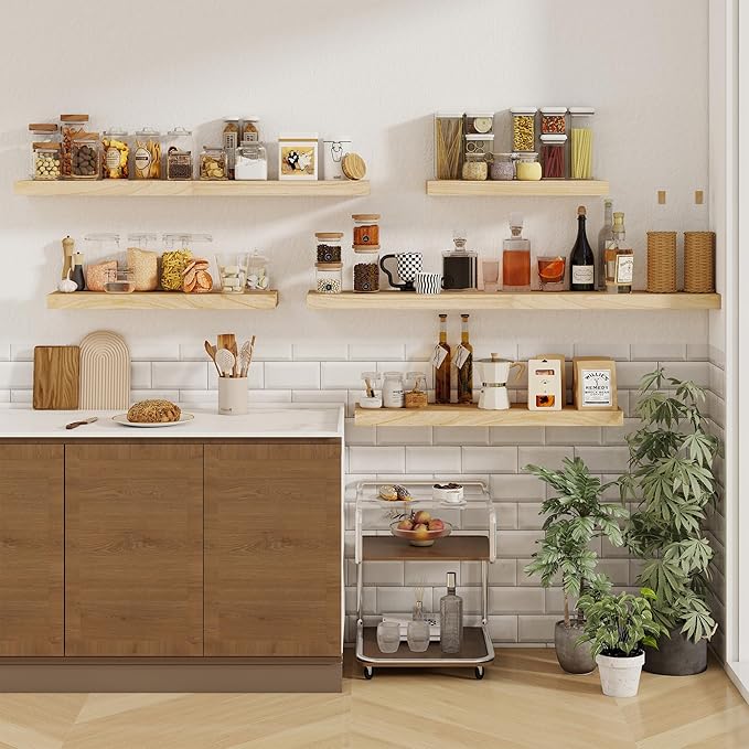 fuqing Floating Shelves for Wall - 36 Inch Natural Wood Shelves Set of 2-9.3 Inch Deep Wooden Wall Shelves with Upgraded Metal Brackets for Room