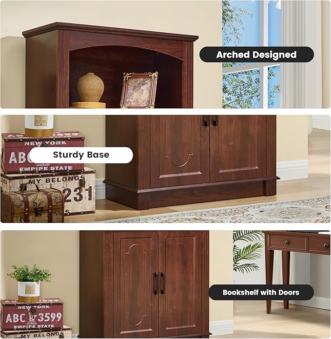 5 Tier Book Shelf and Bookshelf with Storage Cabinet Doors, 72 Inch Tall Bookcase, Wooden Cube Storage Organizer, Kids Bookshelf, Display Cabinet for Bedroom Furniture, Living Room, Pantry Cherry