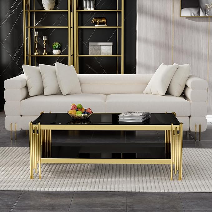 Goujxcy Modern Glass Coffee Table 47" Gold Center Table with Black Glass Top and Mirror Finish Stainless Steel Legs, Luxury Rectangular Coffee Table for Living Room Apartment (Gold)