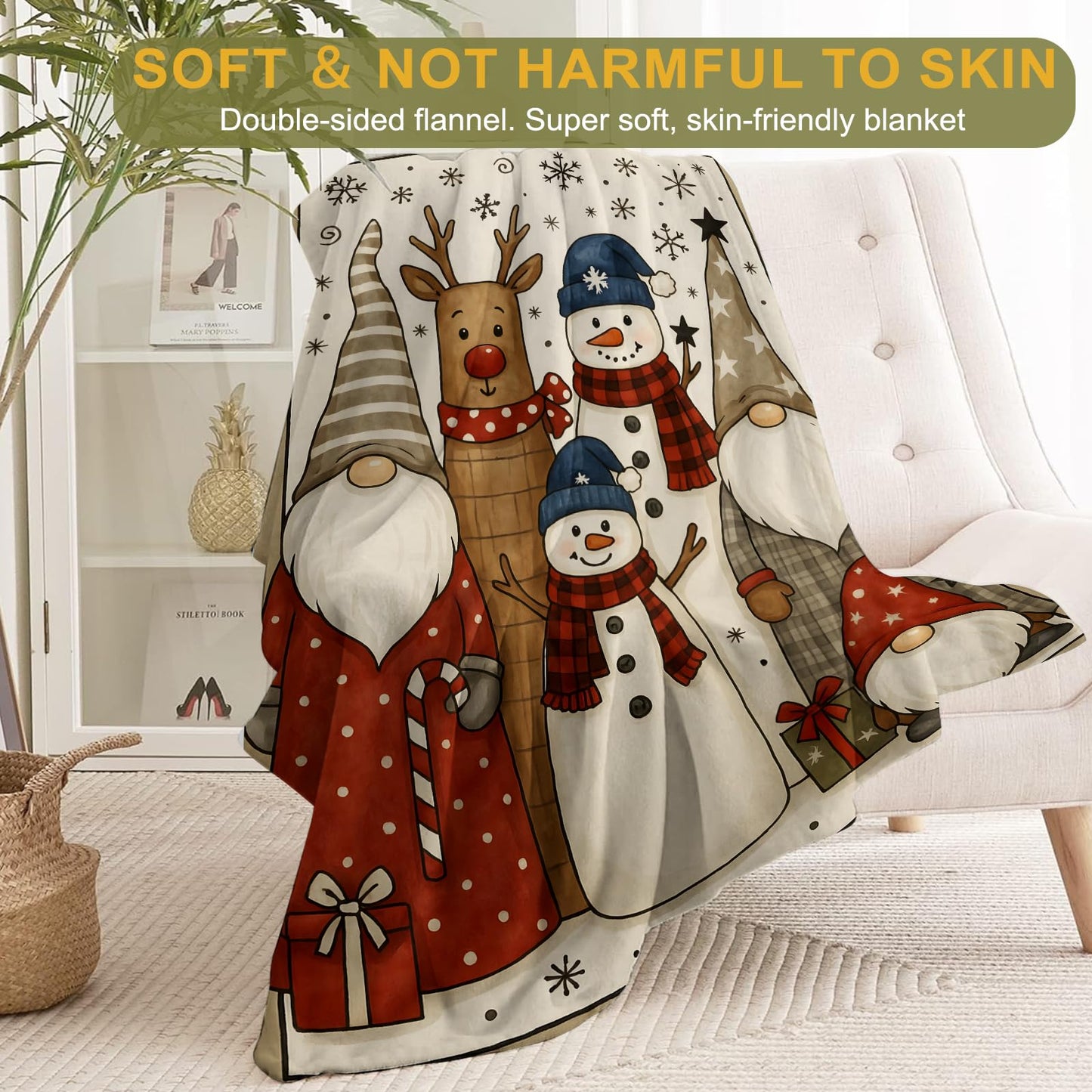 ainori Christmas Decorative Blanket, Gnome Reindeer Snowman Snowflake Print Throw Decoration, Soft Flannel Winter Blankets for Couch Bed Sofa, Holiday Home Decor, Xmas Festival Gifts 50x60 Inch