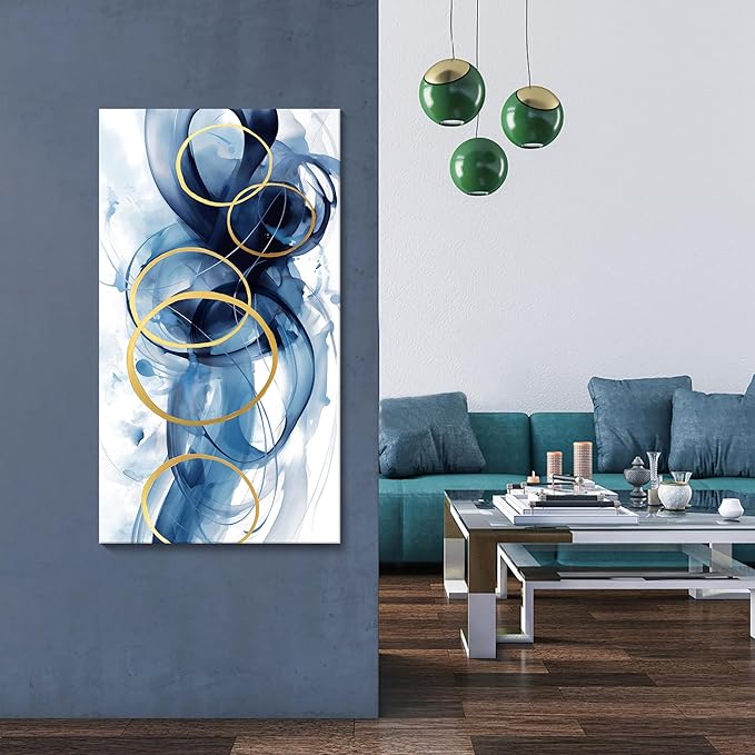 HKDGOKA Blue Abstract Wall Art, Graffiti Ink Gradient Living Room Canvas Artwork White Gold Large Wall Picture Modern Office Paintings for Kitchen Dining Room Bedroom Wall Decor 24x48 IN