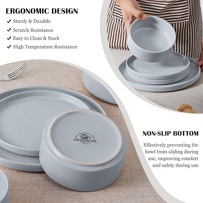 E-far Dinnerware Sets for 8, 24-Piece Stoneware Plates and Bowls Dish Set, Modern Kitchen Dinning Dishware, Chip and Scratch Resistant, Microwave & Dishwasher Safe, Speckled Gray