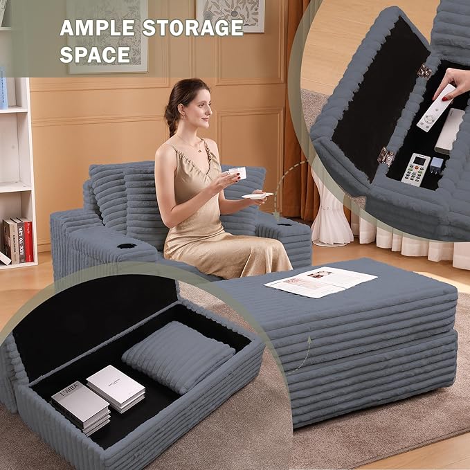 Garvee Grey Oversized Chaise Lounge Chair Indoor with Storage Ottoman, Upholstered Corduroy Sofa Bed Cloud Couch with 3 Pillows, Single Sleeper Sofa Chair for Living Room, Bedroom