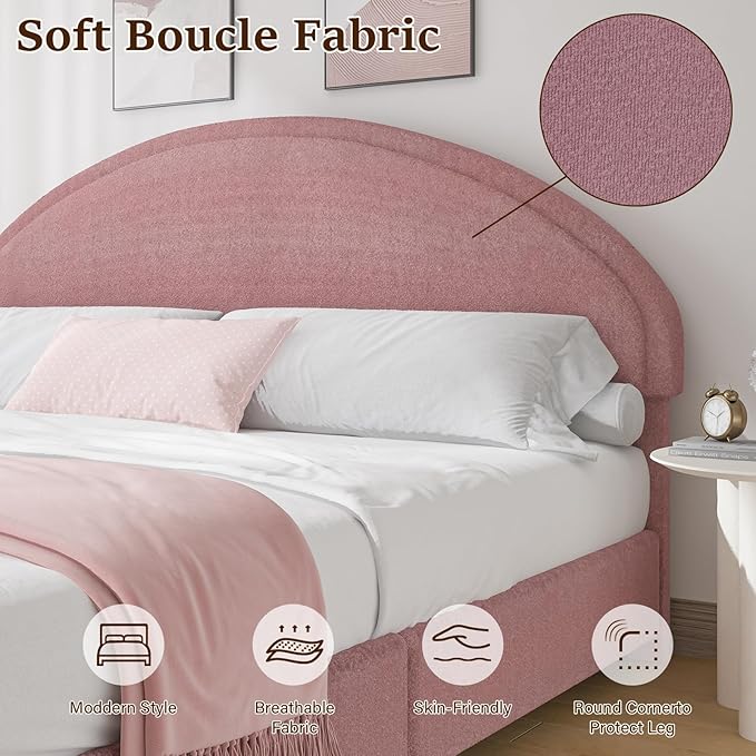 King Size Bed Frame, Boucle Upholstered Platform Bed with Headboard, Soft Bed Frame with Round Conner, No Box Spring Required, Easy Assembly, Pink