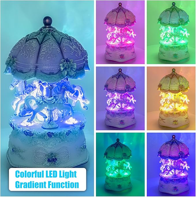 Carousel Music Box，Luxury Color Change LED Light Music Box,Luminous Rotating 3-Horse Musical Box with Gift Box for Girls Birthday Valentine Gift (Castle in The Sky, Blue)