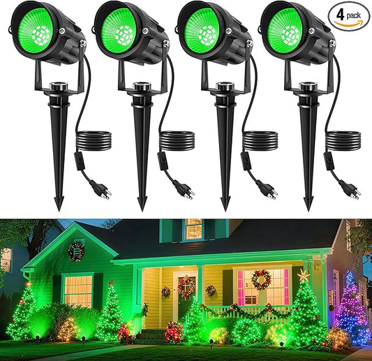 Halloween Green Landscape Lights Outdoor, 14 LED Landscape Lighting with US Plug, IP65 Waterproof Spotlights for Tree Yard Garden Pathway St. Patrick's Day Christmas Decor 4 Pack