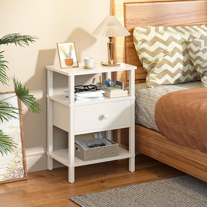 Lerliuo Nightstand Set of 2 with Charging Station and USB Ports, 3-Tier Storage End Table with Drawer Shelf, Night Stand for Small Spaces, Wood Bedside Table for Living Room, Bedroom - Elegant White