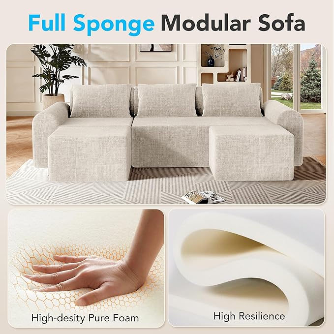 Cloud Sectional Couch with 2 Ottomans & 3 Pillows, U Shaped Modular Sofa for Living Room, Deep Seat Comfy Boneless Couch for Small Spaces, Chenille Fabric, No Assembly Required, 72H to Restore