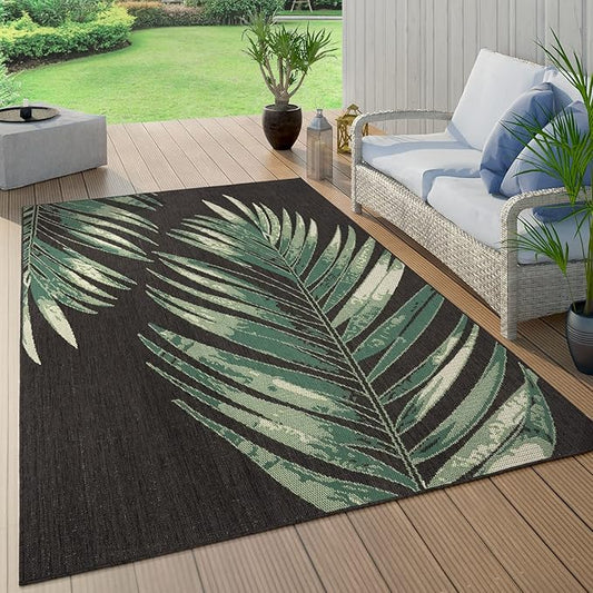 Outdoor Rug Black Green with Floral Palm Leaf Design Waterproof, Size: 3'11" x 5'7"