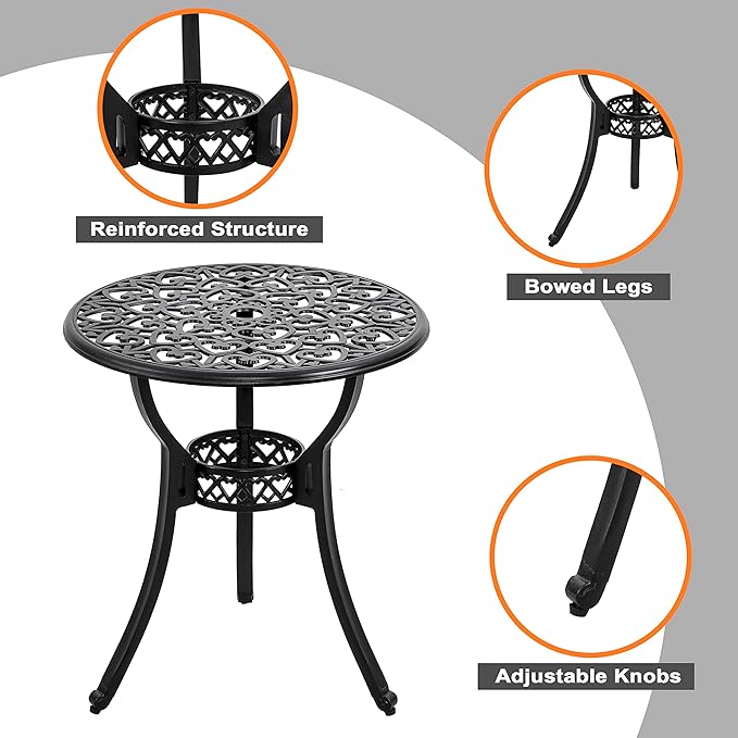 NUU GARDEN Outdoor 3 Piece Bistro Set with Cushions Round 24 Inch Cast Aluminum Table with 2.17 Inch Umbrella Hole and 2 Cast Aluminum Bistro Chairs for Patio Garden Backyard and Balcony Black