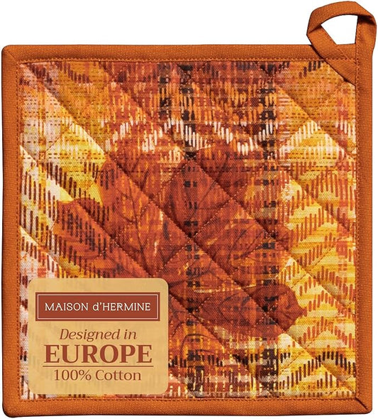 Maison d' Hermine Pot Holders 100% Cotton Heat Resistant Potholders 8" x 8" Hot Pads with Loop for Thanksgiving Christmas Decorations BBQ Cooking Handling Hot Pans (Pack of 1, Thanksgiving Tartan)