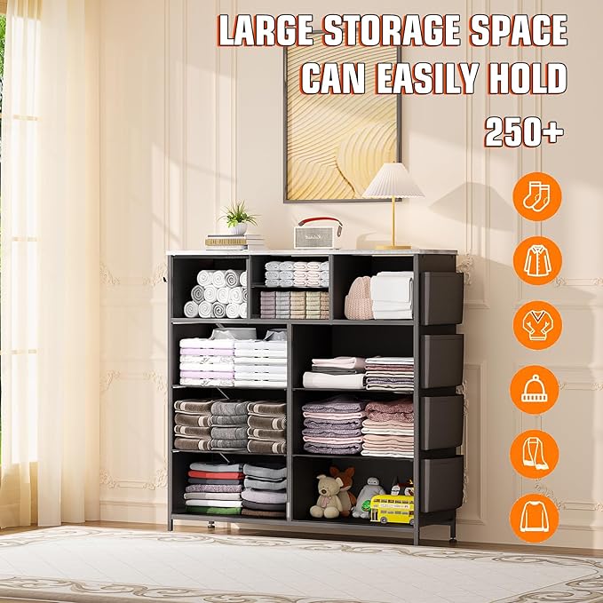 10 Drawer Dresser, Chest of Drawers for Bedroom, Fabric Dresser Drawers with Side Pockets, Hooks, Wooden Top and Sturdy Metal Frame for Living Room, Closet, Hallway (Oak Gray)