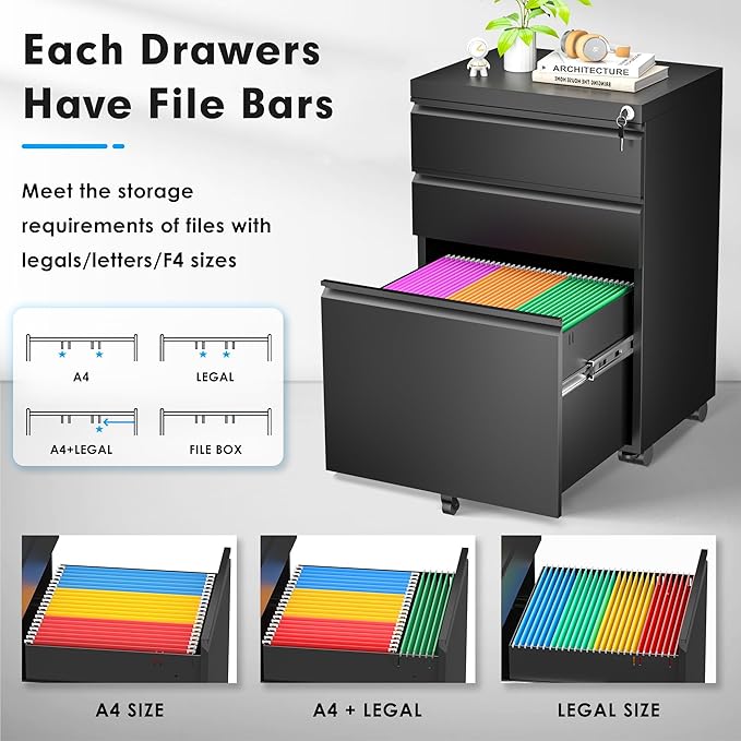 Greenvelly 3 Drawer Mobile File Cabinet with Lock, Fully Assembled Rolling File Cabinet Except Casters, Under Desk File Cabinet with Wheels for Home Office Fit Legal/Letter/A4 File (Assembled, Black)