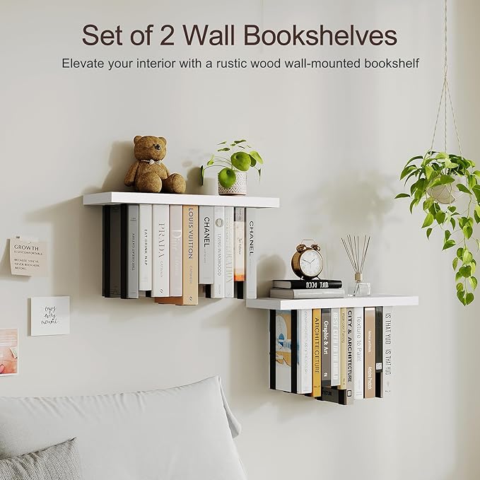 Floating Bookshelves for Wall, Rustic Wood Hanging Wall Bookshelf, Upside Down Book Shelf and Wall Mounted Bookshelves for Home Decor in Bedroom, Living Room, White 2 Pack