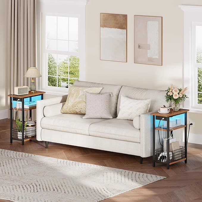 HOOBRO Narrow Side Table with Charging Station and LED Light, Small End Table with Storage, Skinny Nightstand with USB Port, Slim Bedside Table for Small Spaces, Living Room, Rustic Brown BF242UDBZ01