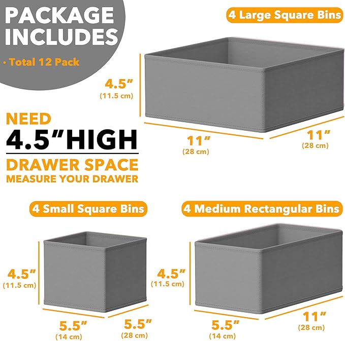 SpaceAid Drawer Organizer Clothes, 12 Pack Dresser Organizer Bins for Nursery, Closet Organization and Storage Dividers for Clothing, Baby Clothes, Underwears, Socks (Grey)