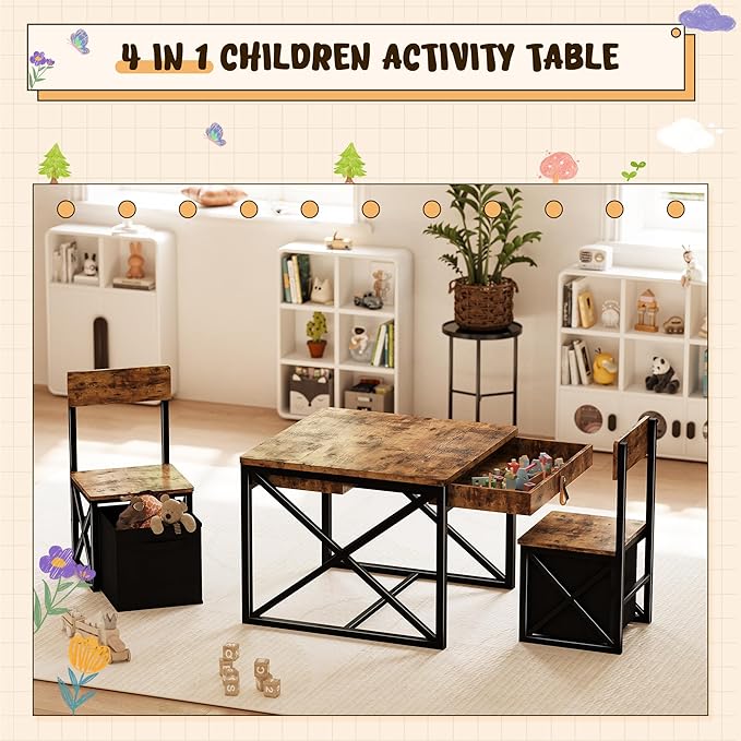 Kids Table and 2 Chairs Set, 4 in 1 Toddler Activity Table and Chairs Set with Storage, Children Desk and Chairs Set for Crafts, Drawing, Reading, Toddler Furniture Ideal for Learning Play