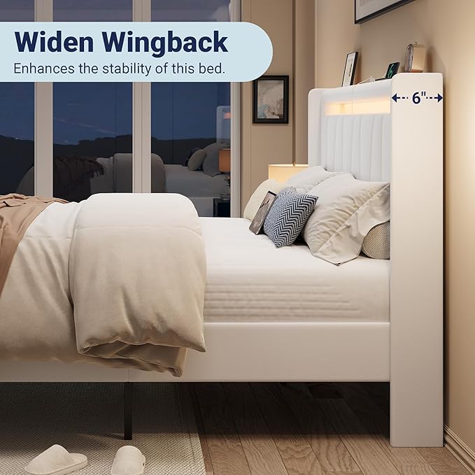Allewie King Size LED Bed Frame with Charging Station, Velvet Upholstered Platform Bed with Geometric Wingback Headboard, Modern Frame with No Box Spring Needed, Easy Assembly, White