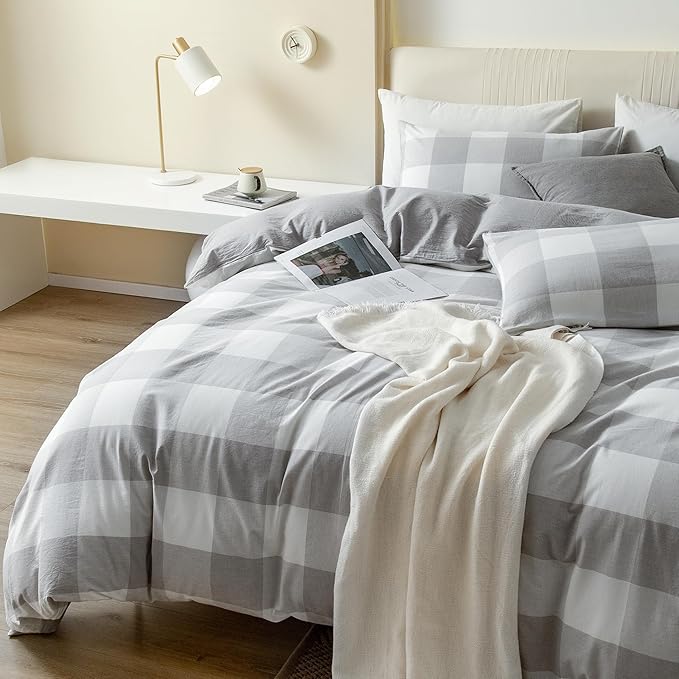 JIYUAN 100% Washed Cotton Duvet Cover Set 3 Pieces Queen, 1 Duvet Cover 90x90 Inches(Comforter Not Included) and 2 Pillowcases,Linen Feel Bedding Set Comfy and Breathable, Heathered Plaid Grey