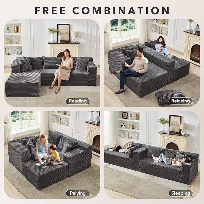 106” Modular Sectional Sofa, Cloud Sectional Couch with Deep Seat, Modern Modular L-Shape Sofa Couch with Chaise,Upholstered Couches for Living Room Bedroom（Grey）