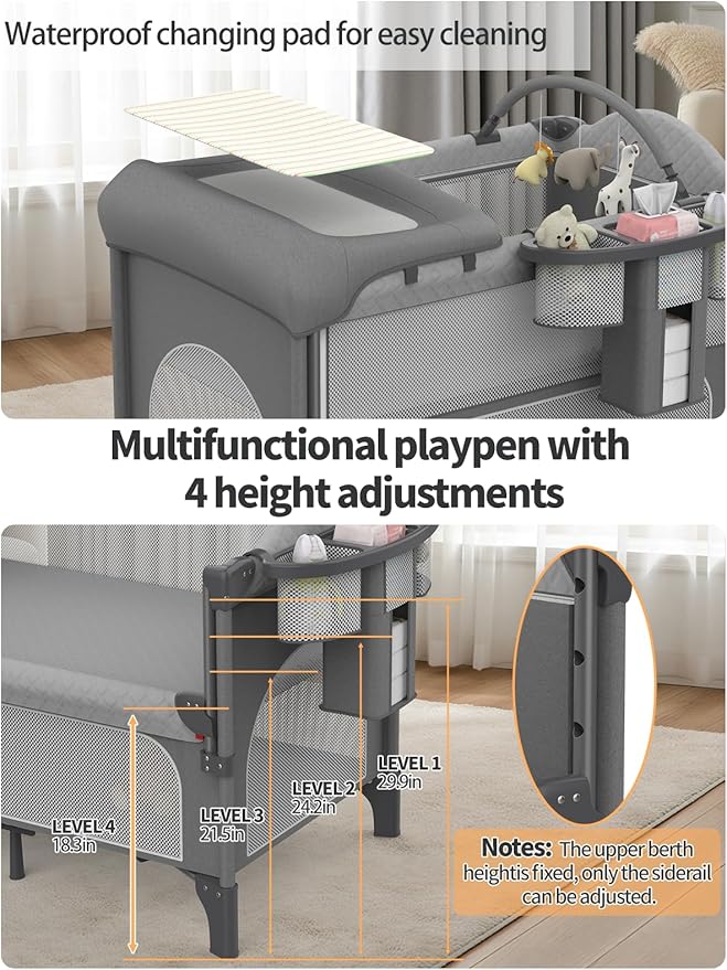 Baby Bassinet, Pack and Play, 4-height Adjustable Bedside Crib Sleeper, Diaper Changing Table with Diaper Pads, Zipper Door, Mosquito Net, Bottom Storage, and Toy Shelf for Newborn to Toddler, Grey