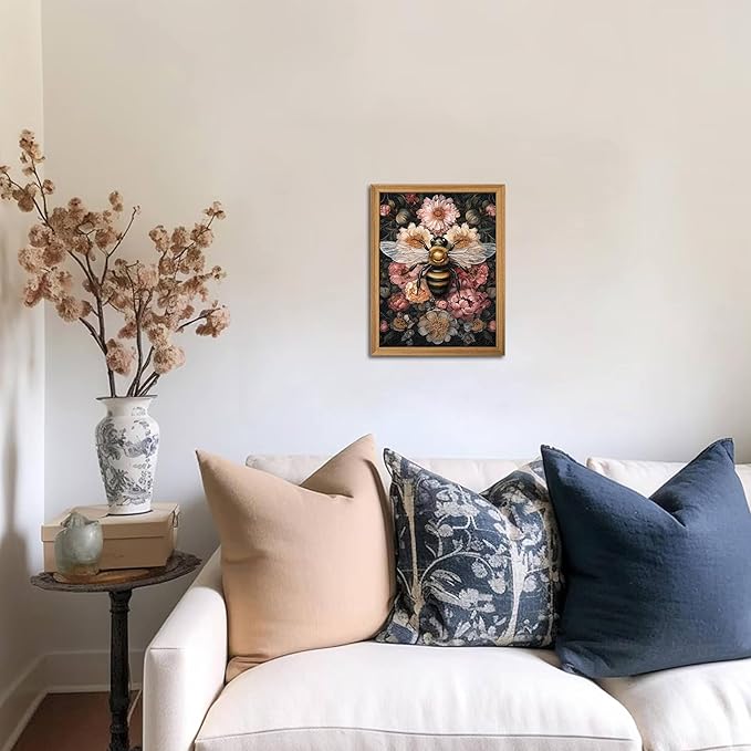 Framed Vintage 3D Textured Wall Art - Dark College Bee Flowers Wall Decor - Hand Drawn Sandstone Nature Botanical Pictures for Living Room Bedroom Home Decor 8x10in