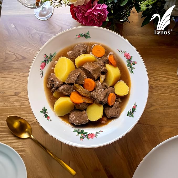 Lynns Paradise Vintage Rose 9-Inch Big Bowl, Set of 3, Pink; 24K Gold Trim, Embossed Swirl, Colorful Floral Print, Porcelain