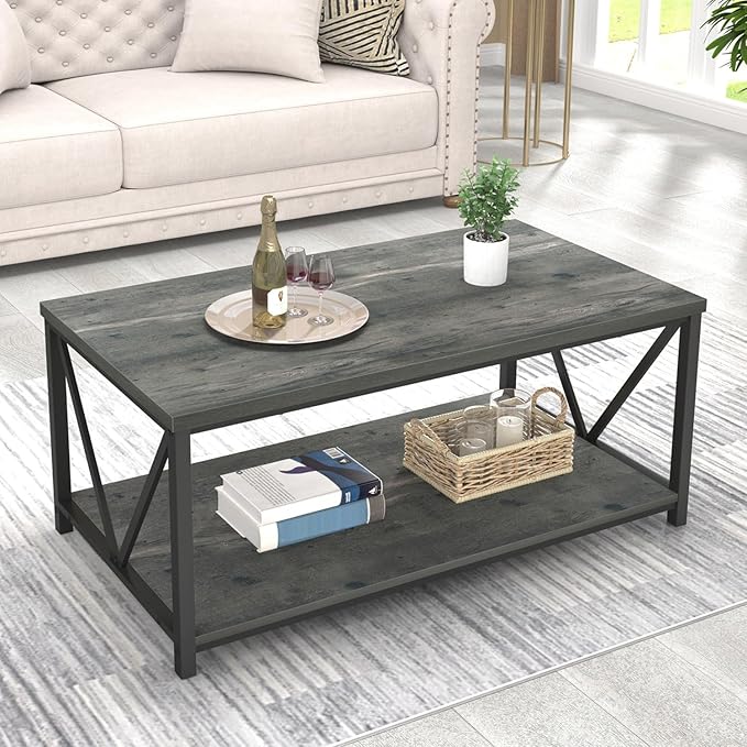 EXCEFUR Coffee Table, Rustic Wood and Metal Center Table for Living Room, 39.3 Inch Grey