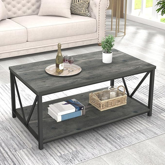 EXCEFUR Coffee Table, Rustic Wood and Metal Center Table for Living Room, 39.3 Inch Grey