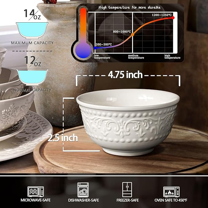 Small Ceramic Bowls - 14 Oz Ice Cream Bowls Set of 4, White Embossment Dessert Bowl for Kitchen, Soup, Side Dishes, Oatmeal, Rice, 4.75 Inch Microwave Oven Safe(Brocade Flower)