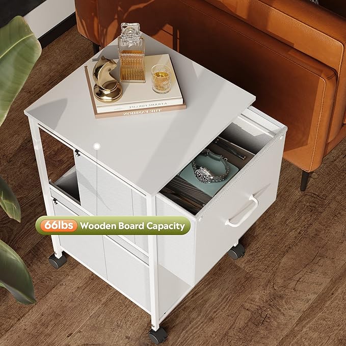 DEVAISE 2 Drawer Mobile File Cabinet, Rolling Printer Stand with Open Storage Shelf, Fabric Vertical Filing Cabinet fits A4 or Letter Size for Home Office, White