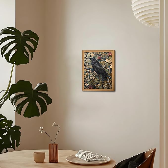 Framed 3D Textured Vintage Wall Art - Dark Academia Decor Hand Drawn Sandstone Black Crow Paintings with Botanical Florals, Aesthetic Wall Decor for Living Room Bedroom Home 8x10 inch