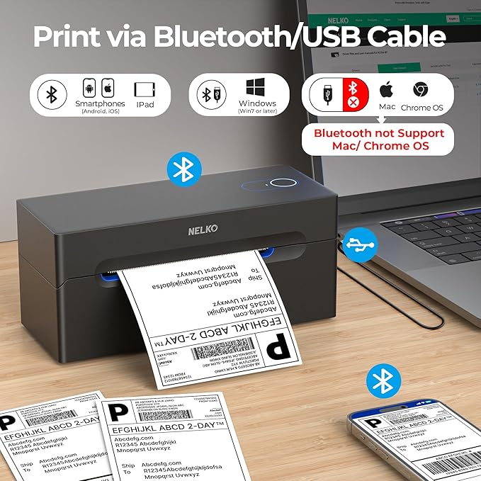 Nelko Bluetooth Thermal Shipping Label Printer, Wireless 4x6 Shipping Label Printer for Shipping Packages, Support Android, iPhone and Windows, Widely Used for Amazon, Ebay, Shopify, Etsy, USPS