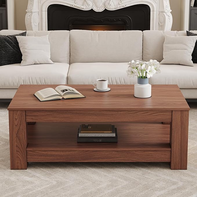 43.3" Coffee Table with Storage, 2-Tier Mid Century Rectangular Accent Table with Thick Tabletop, Rustic Style Cocktail, Center Table for Living Room, Office, Apartment (Walnut)
