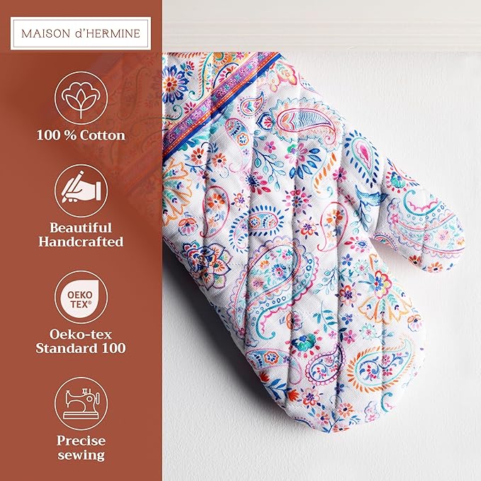 Maison d' Hermine Oven Gloves 100% Cotton Oven Mitt 7" x 13" with Loop Heat Resistant, BBQ, Cooking Gloves, Baking, Grilling, Kitchen, Handling Hot Pans Spring/Summer (Pack of 1, Indian Floral)