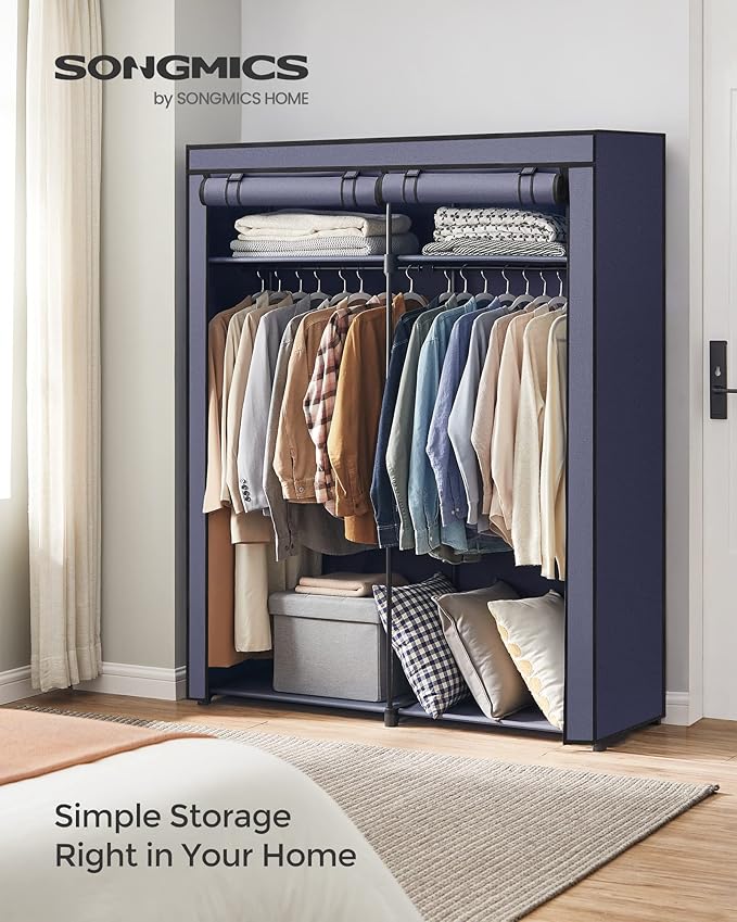 SONGMICS Closet Wardrobe, Portable Closet for Bedroom, Clothes Rail with Non-Woven Fabric Cover, Clothes Storage Organizer, 55.1 x 16.9 x 68.5 Inches, Dark Blue URYG002I02
