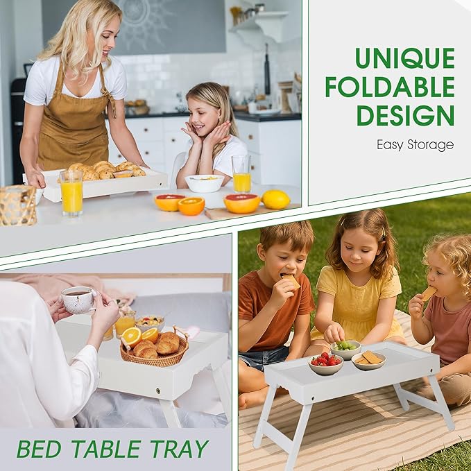 Bamboo Bed Tray Table with Foldable Legs, Breakfast in Bed Tray for Kitchen Serving Tray, Eating, Working, Drawing Tray (2 Pack, White)