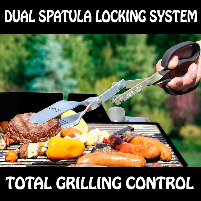 BBQ Croc 3-in-1 Barbecue Tool 15-inch - Pack of 2 - Extra Light Tongs, Spatula and Grill Scraper (Green) (15 inch Without Flashlight)