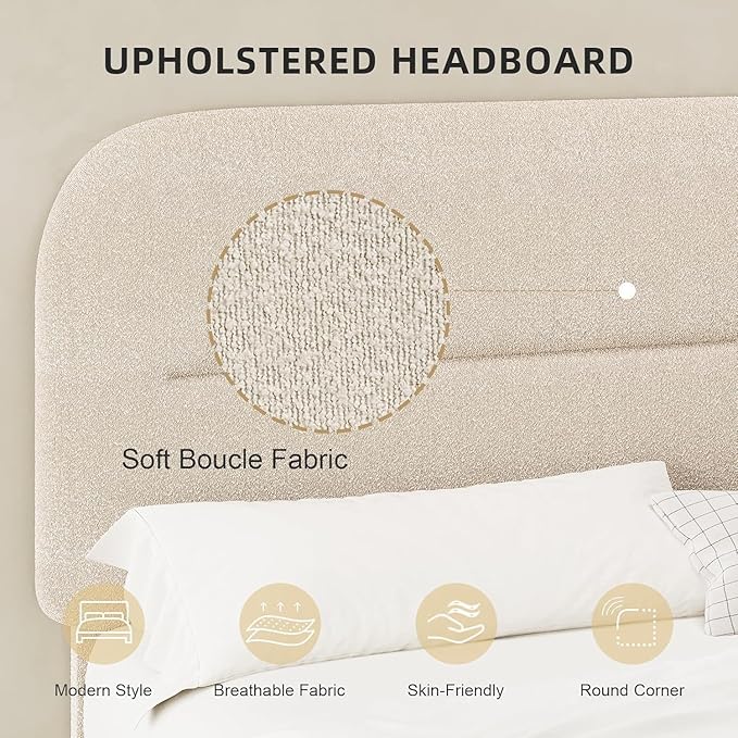 HOMBCK Bed Frame Queen Size, Boucle Upholstered Platform Queen Bed Frame with Headboard, Soft Headboard with Rounded Corners Design, Wood Slats, No Box Spring Required, Easy Assembly, Beige